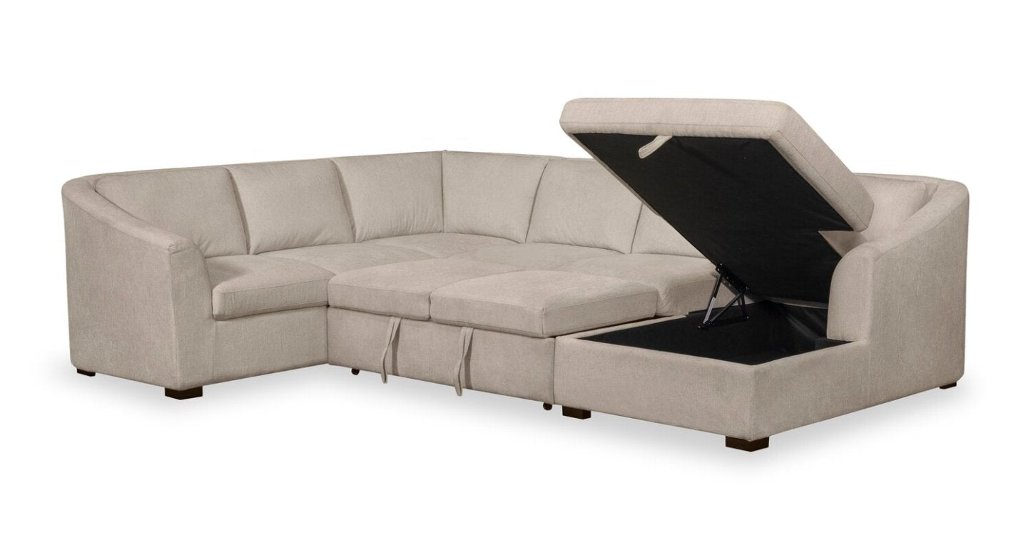 Envy 3-Piece Right-Facing Chenille Fabric Sleeper Sectional with Storage Chaise - Almond Beige | Canapé-lit sectionnel droit Envy 3 pièces en tissu de chenille avec chaise longue de rangement - beige amande
