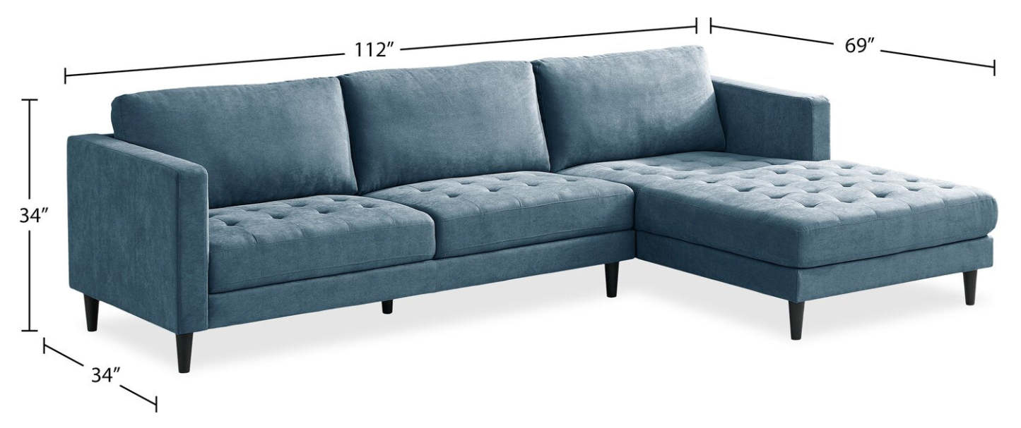 Canapé sectionnel de droite Metro 2 pièces en tissu avec fauteuil long et coussins de siège capitonnés - bleu denim