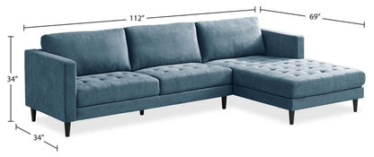 Canapé sectionnel de droite Metro 2 pièces en tissu avec fauteuil long et coussins de siège capitonnés - bleu denim