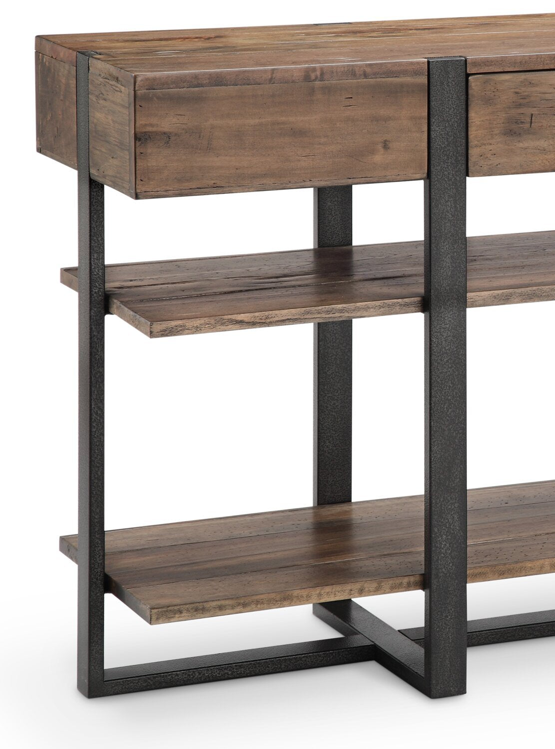 Table de salon moderne Manchester de 54 po avec rangement et tablette - bois brun avec base en fer