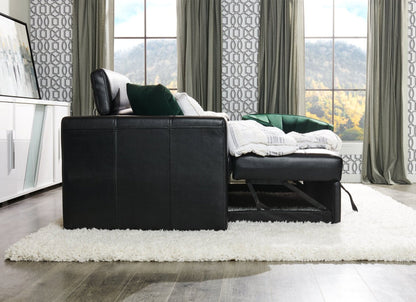 Sofa-lit Drake de 87 po en tissu d’apparence cuir avec lit rétractable, appuie-têtes relevables et capitonnage à boutons - noir