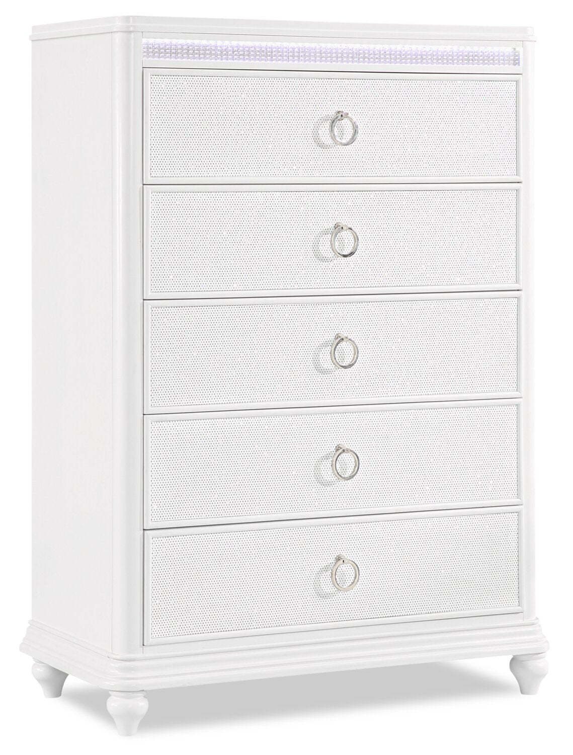 Commode de chambre à coucher Ava avec lumière LED, 5 tiroirs, 40,5 W x 54,1 H, Glam - Blanc | Commode verticale somptueuse Ava de 40,5 po (L) x 54,1 po (H) à 5 tiroirs avec éclairage à DEL pour la chambre à coucher - blanche