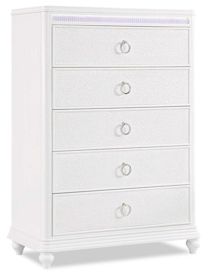 Commode de chambre à coucher Ava avec lumière LED, 5 tiroirs, 40,5 W x 54,1 H, Glam - Blanc | Commode verticale somptueuse Ava de 40,5 po (L) x 54,1 po (H) à 5 tiroirs avec éclairage à DEL pour la chambre à coucher - blanche