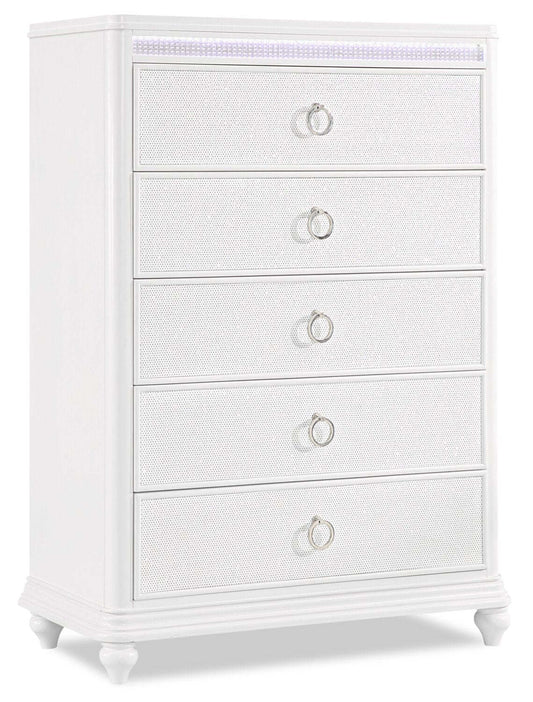 Commode de chambre à coucher Ava avec lumière LED, 5 tiroirs, 40,5 W x 54,1 H, Glam - Blanc | Commode verticale somptueuse Ava de 40,5 po (L) x 54,1 po (H) à 5 tiroirs avec éclairage à DEL pour la chambre à coucher - blanche