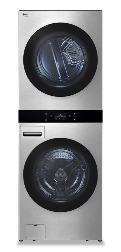 LG Studio 5.8 Washer/7.4 Dryer Cu. Ft. Front-Load High-Efficiency Steam Washtower™ - Nobel Steel - S… | Tour de lavage WashTowerMC à la vapeur haute efficacité LG Studio à chargement frontal avec laveuse …