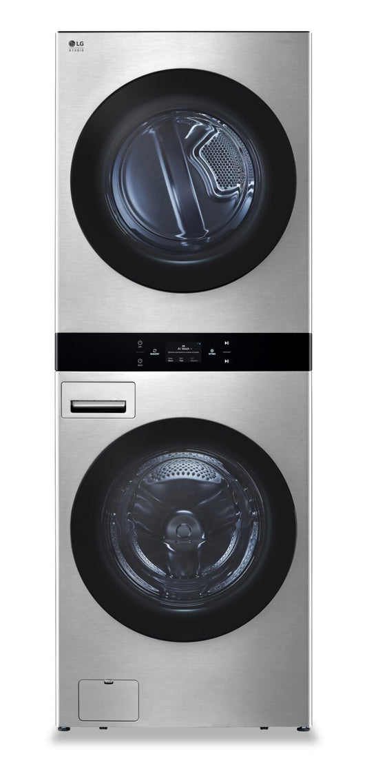 LG Studio 5.8 Washer/7.4 Dryer Cu. Ft. Front-Load High-Efficiency Steam Washtower™ - Nobel Steel - S… | Tour de lavage WashTowerMC à la vapeur haute efficacité LG Studio à chargement frontal avec laveuse …