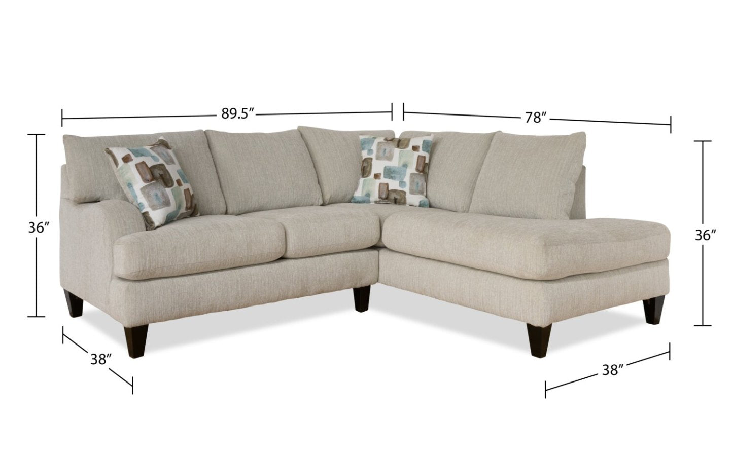 Made in Canada Nofia 2-Piece Right-Facing Chenille Fabric Sectional with Accent Pillows and Wood Legs - Linen Beige | Canapé sectionnel Nofia 2 pièces fabriqué au Canada en tissu de chenille avec coussins décoratifs et pieds en bois - beige lin