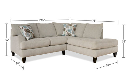 Made in Canada Nofia 2-Piece Right-Facing Chenille Fabric Sectional with Accent Pillows and Wood Legs - Linen Beige | Canapé sectionnel Nofia 2 pièces fabriqué au Canada en tissu de chenille avec coussins décoratifs et pieds en bois - beige lin