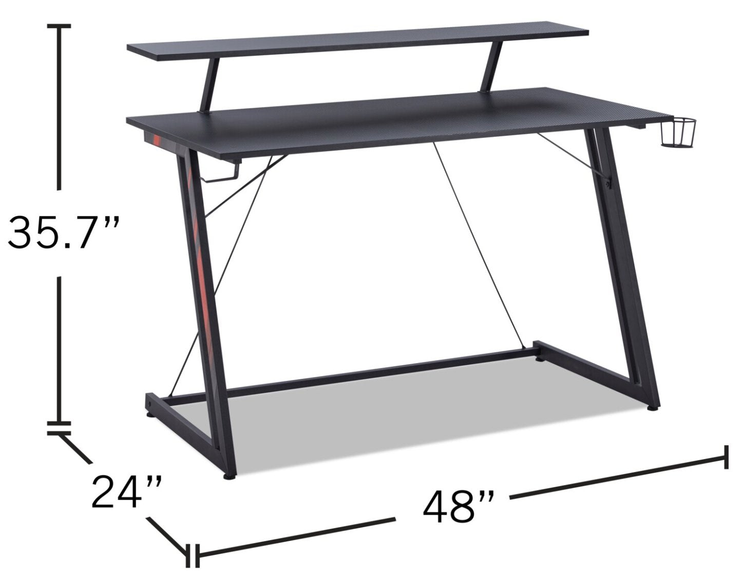 Sparta 48 Gaming Office Desk with Raised Monitor Shelf - Black with Red Accents|Bureau de jeu Sparta de 48 po avec tablette surélevée pour moniteur - noir avec touches de rouge