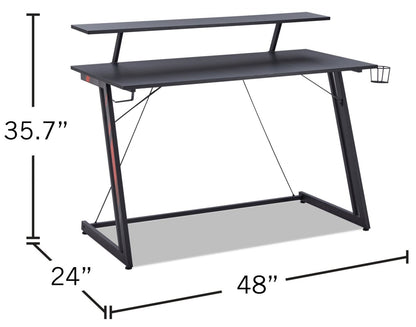 Sparta 48 Gaming Office Desk with Raised Monitor Shelf - Black with Red Accents|Bureau de jeu Sparta de 48 po avec tablette surélevée pour moniteur - noir avec touches de rouge
