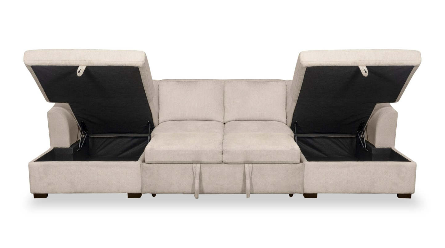 Canapé-lit sectionnel Envy 3 pièces en tissu chenille avec deux méridiennes de rangement - Beige amande | Canapé-lit sectionnel Envy 3 pièces en tissu chenille avec 2 chaises longues de rangement - beige amande