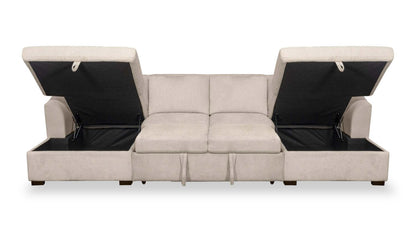 Canapé-lit sectionnel Envy 3 pièces en tissu chenille avec deux méridiennes de rangement - Beige amande | Canapé-lit sectionnel Envy 3 pièces en tissu chenille avec 2 chaises longues de rangement - beige amande