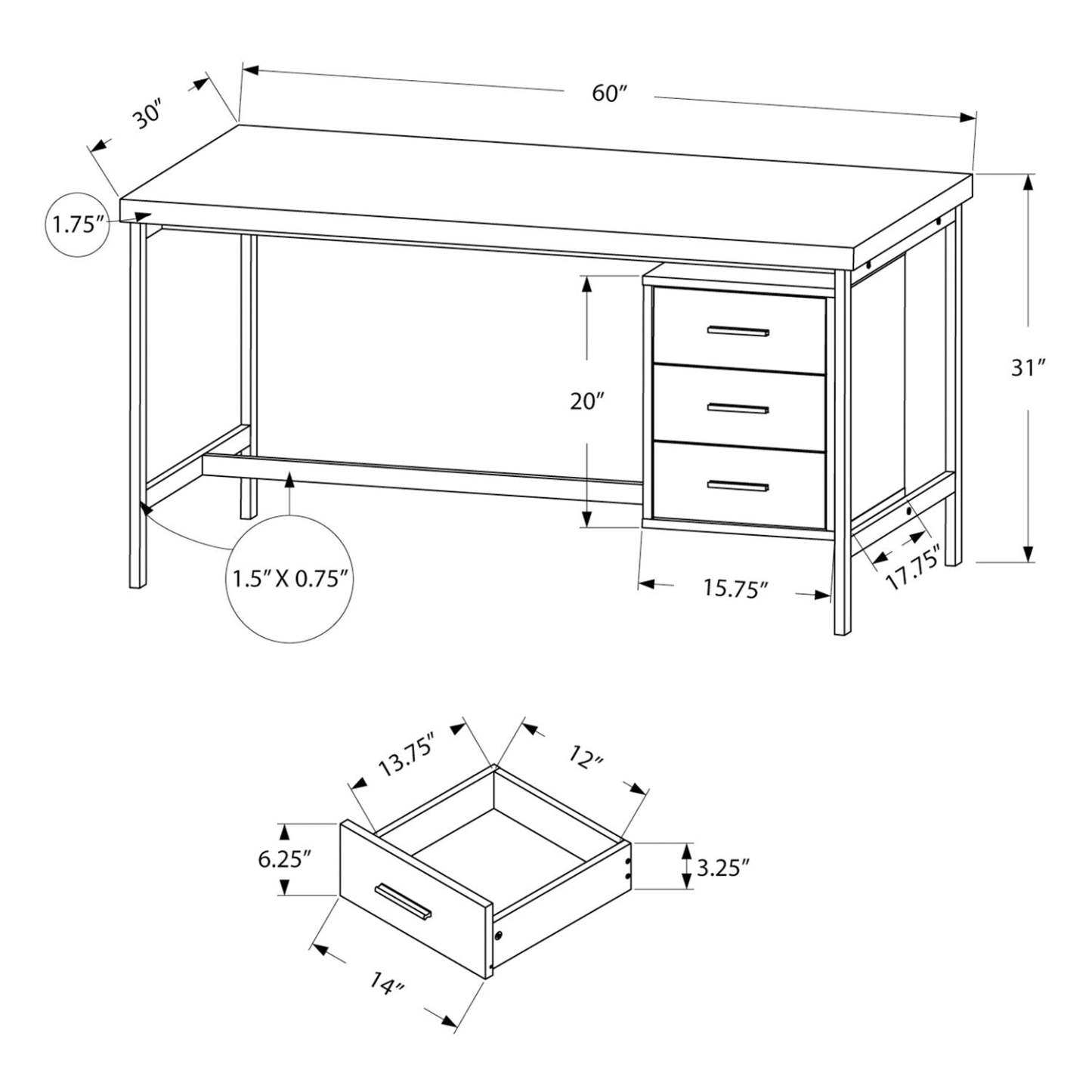 Bureau Stuart 60 avec 3 tiroirs - Blanc|Bureau Stuart de 60 po à 3 tiroirs - blanc