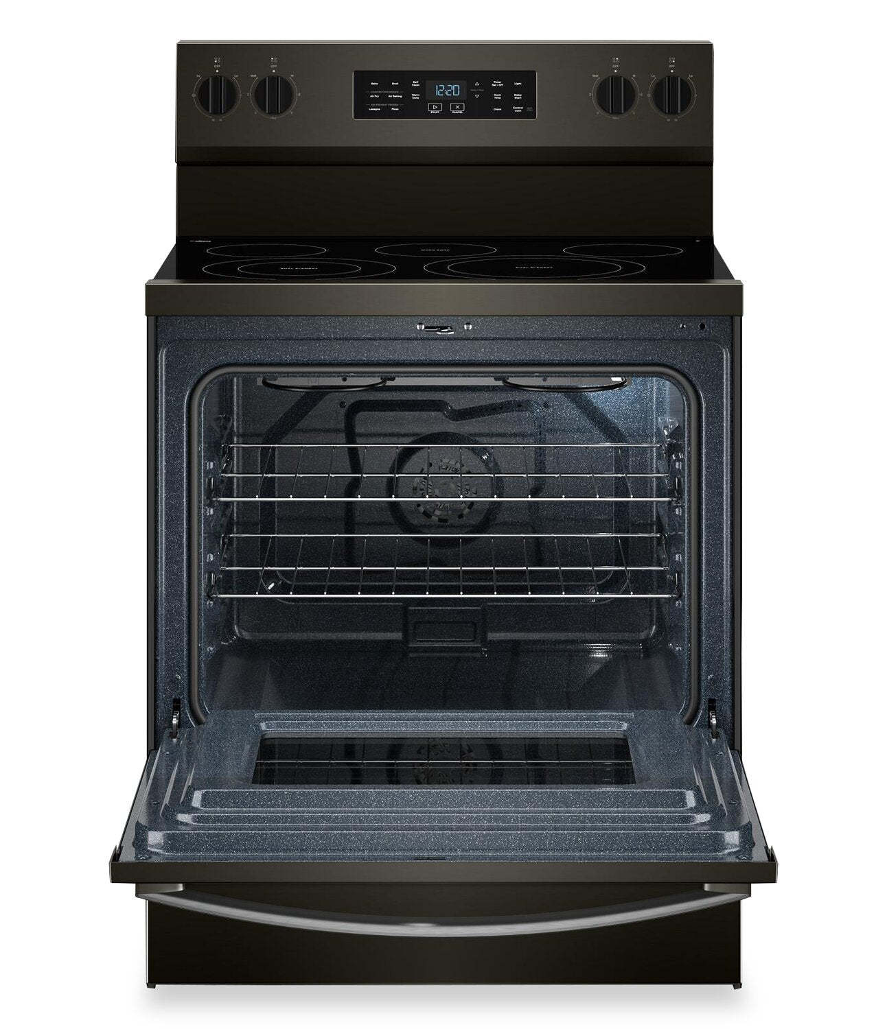 Cuisinière électrique Whirlpool de 5,3 pi3 avec cuisson à air – noir sur acier inoxydable - YWFES5730SV | Bain à remous 5,3 Cu. Fort. Cuisinière électrique avec cuisson à l'air - Noir sur acier inoxydable - YWFES5730SV