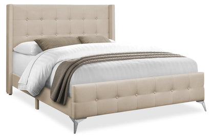 Lit rembourré Zara en tissu d'apparence lin beige - Capitonné à boutons - Taille Queen | Lit rembourré Zara en tissu d'apparence lin beige avec capitonnage à boutons - format grand lit