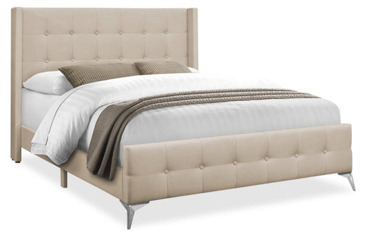 Lit rembourré Zara en tissu d'apparence lin beige - Capitonné à boutons - Taille Queen | Lit rembourré Zara en tissu d'apparence lin beige avec capitonnage à boutons - format grand lit