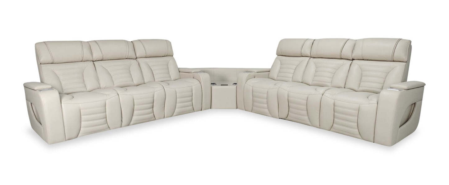 Sofa sectionnel à inclinaison électrique Zen 3 pièces en tissu d’apparence cuir avec massage et 2 consoles rabattables - abricot