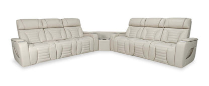 Sofa sectionnel à inclinaison électrique Zen 3 pièces en tissu d’apparence cuir avec massage et 2 consoles rabattables - abricot
