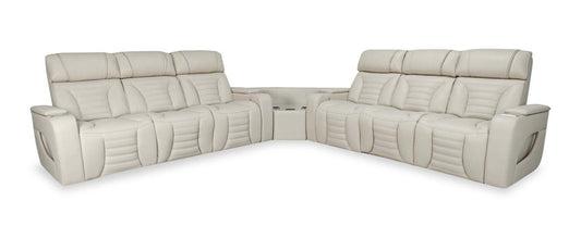 Sofa sectionnel à inclinaison électrique Zen 3 pièces en tissu d’apparence cuir avec massage et 2 consoles rabattables - abricot