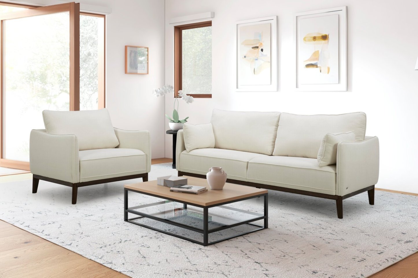 Cindy Crawford Home Gena 78,7 canapé de taille condo en tissu d'apparence lin avec coussins de dossier amovibles - blanc coton