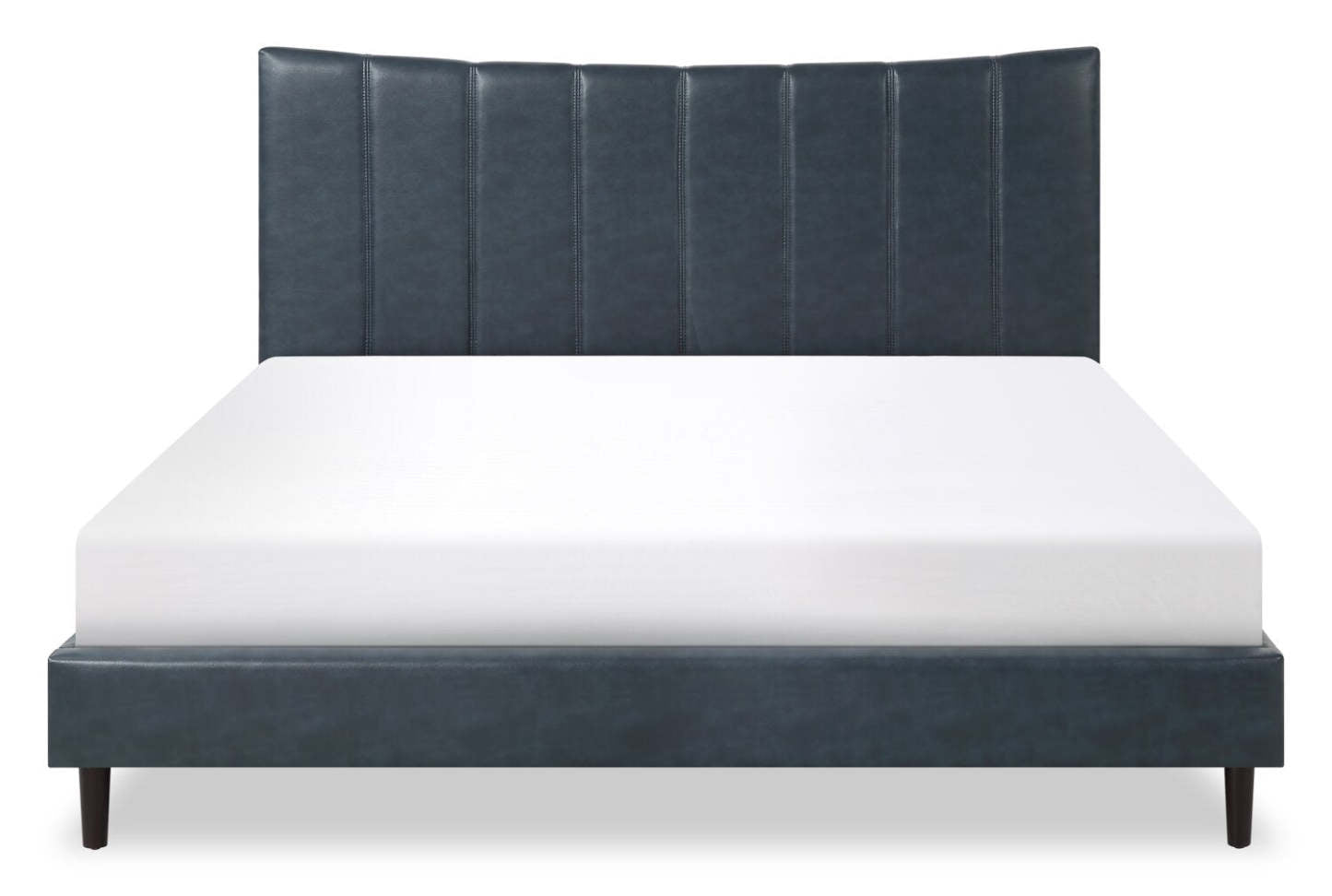 Lit plateforme Paseo en tissu de cuir végétalien bleu marine - King Size | Lit plateforme rembourré Paseo en tissu de cuir végétalien bleu marine - format très grand lit