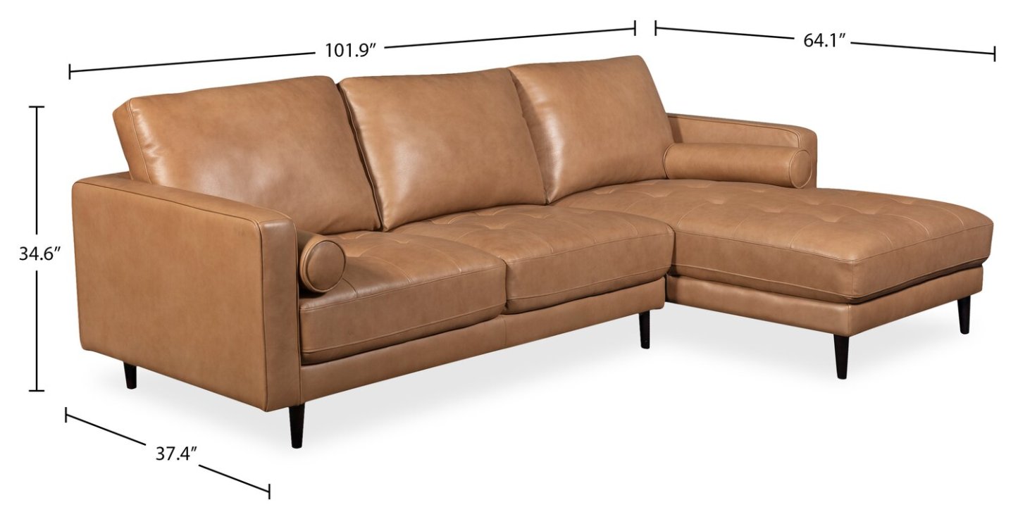 Edge 2-Piece Right-Facing Genuine Leather Sectional with Wood Legs and Removable Back Cushions - Brown | Sofa sectionnel droit Edge 2 pièces en cuir véritable avec pieds en bois et coussins de dossier amovibles - brun