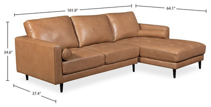 Edge 2-Piece Right-Facing Genuine Leather Sectional with Wood Legs and Removable Back Cushions - Brown | Sofa sectionnel droit Edge 2 pièces en cuir véritable avec pieds en bois et coussins de dossier amovibles - brun