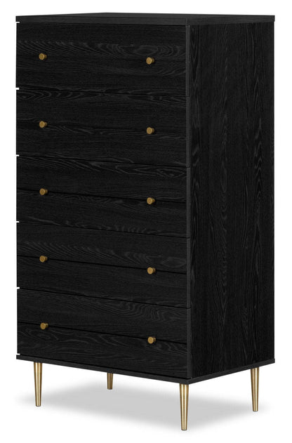 Commode de chambre à coucher Lake, 5 tiroirs, 29 L x 52 H, Fabriqué au Canada, Glam - Noir | Commode verticale somptueuse Lake de 29 po (L) x 52 po (H) à 5 tiroirs pour la chambre à coucher, fabriquée au Canada - noire