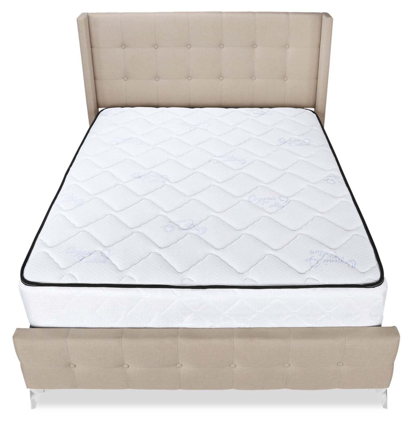 Lit rembourré Zara en tissu d'apparence lin beige - Capitonné à boutons - Taille Queen | Lit rembourré Zara en tissu d'apparence lin beige avec capitonnage à boutons - format grand lit