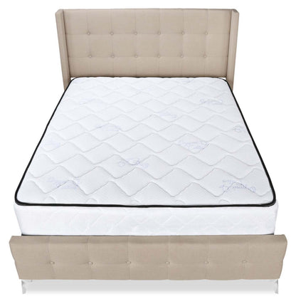 Lit rembourré Zara en tissu d'apparence lin beige - Capitonné à boutons - Taille Queen | Lit rembourré Zara en tissu d'apparence lin beige avec capitonnage à boutons - format grand lit