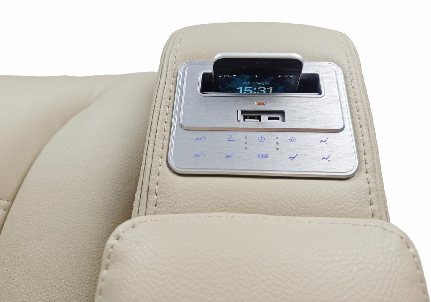 Sofa de massage à inclinaison électrique Zen de 86 po en tissu d’apparence cuir avec appuie-têtes électriques et console rabattable - abricot