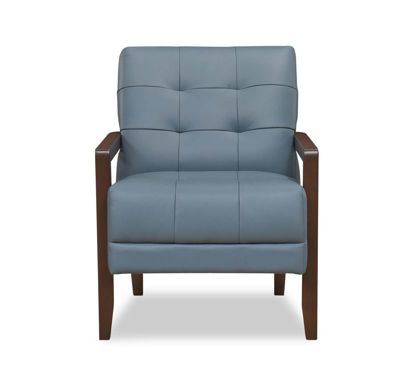 Fauteuil d'appoint Enzo 26 en cuir véritable avec capitonnage en biscuit, accoudoirs sur rail et pieds en bois - Bleu | Fauteuil d'appoint Enzo de 26 po en cuir avec capitonnage en véritable biscuit, accoudoirs rectilignes et pattes en bois - bleu