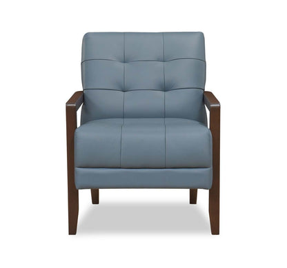 Fauteuil d'appoint Enzo 26 en cuir véritable avec capitonnage en biscuit, accoudoirs sur rail et pieds en bois - Bleu | Fauteuil d'appoint Enzo de 26 po en cuir avec capitonnage en véritable biscuit, accoudoirs rectilignes et pattes en bois - bleu