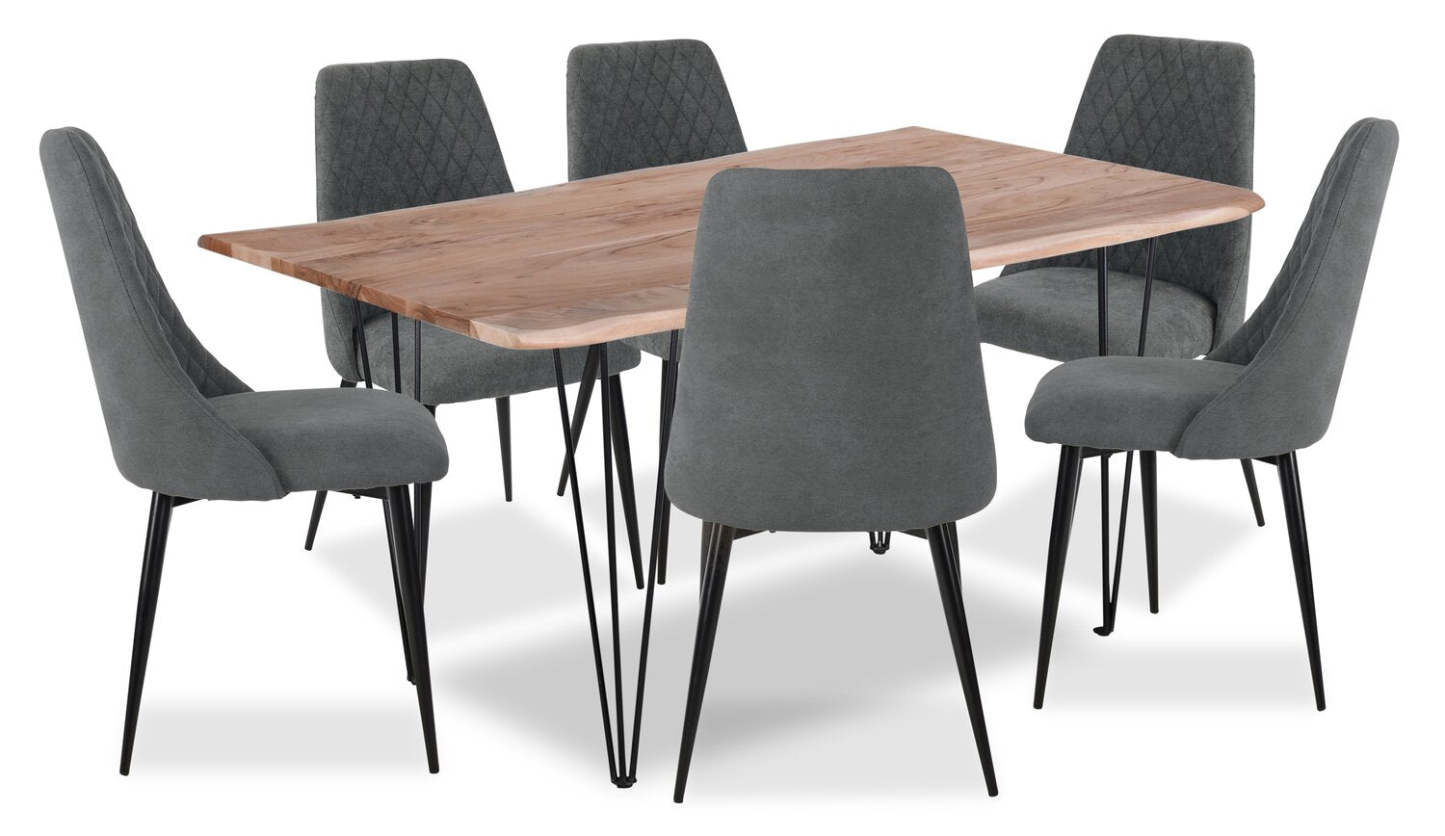 Miya 7pc Dining Set with Table & 6 Chairs, Live Edge, Acacia Wood, Metal, 60W - Charcoal | Ensemble de salle à manger Miya 7 pièces avec table de 60 po et 6 chaises, bordure Live Edge, en bois d'acacia et métal - anthracite