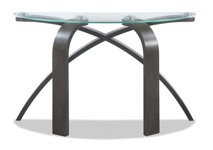 Jorja 46 Modern Glass Top Sofa Table - Brown with Bentwoood Legs|Table de salon moderne Jorja de 46 po avec dessus en verre - brune avec pattes en bois cintré