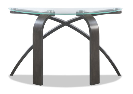 Jorja 46 Modern Glass Top Sofa Table - Brown with Bentwoood Legs|Table de salon moderne Jorja de 46 po avec dessus en verre - brune avec pattes en bois cintré