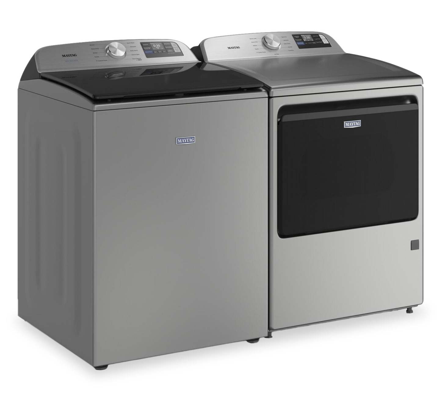Maytag 6,0 pi³ Laveuse intelligente à chargement par le haut et 7,4 pi³ Sécheuse électrique - Argenté radieux | Maytag 6,0 Cu. Ft. Smart Top-Load Washer and 7.4 Cu. Ft. Electric Dryer - Radiant Silver