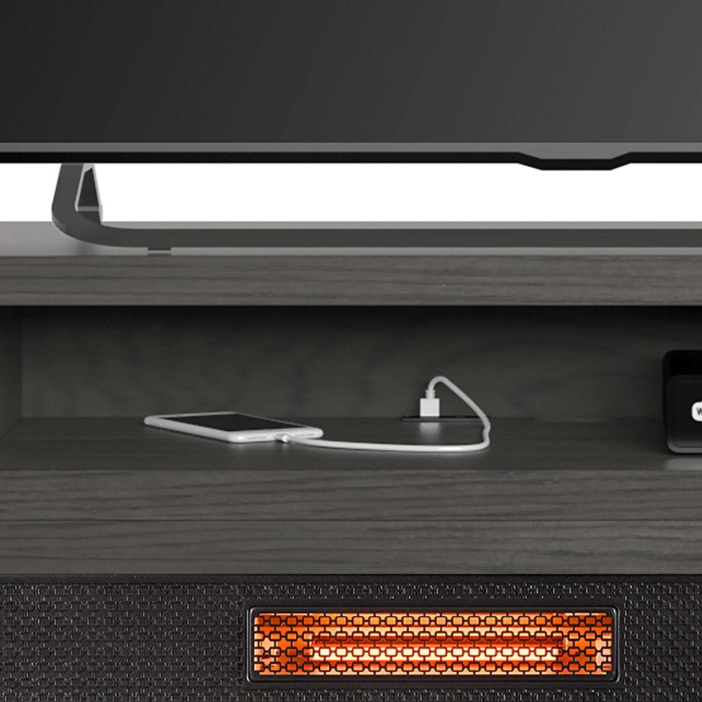 Meuble pour téléviseur moderne Breya de 64 po avec foyer électrique, rangement et recharge USB pour téléviseurs jusqu'à 70 po - gris