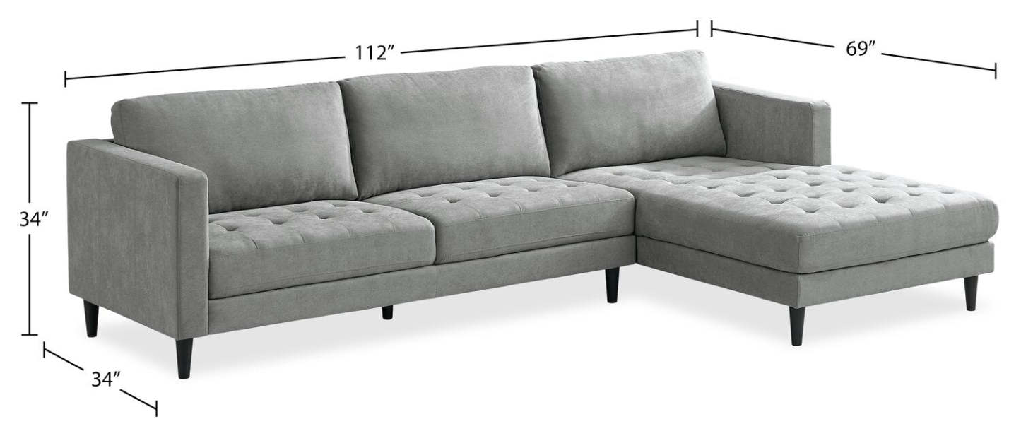 Sofa sectionnel de droite Metro 2 pièces en tissu avec fauteuil long et coussins de siège capitonnés - gris