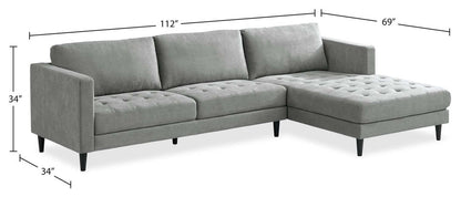 Sofa sectionnel de droite Metro 2 pièces en tissu avec fauteuil long et coussins de siège capitonnés - gris