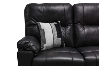 Sofa à inclinaison électrique Dawson de 87 po fabriqué au Canada en cuir véritable avec port USB et oussins décoratifs - noir