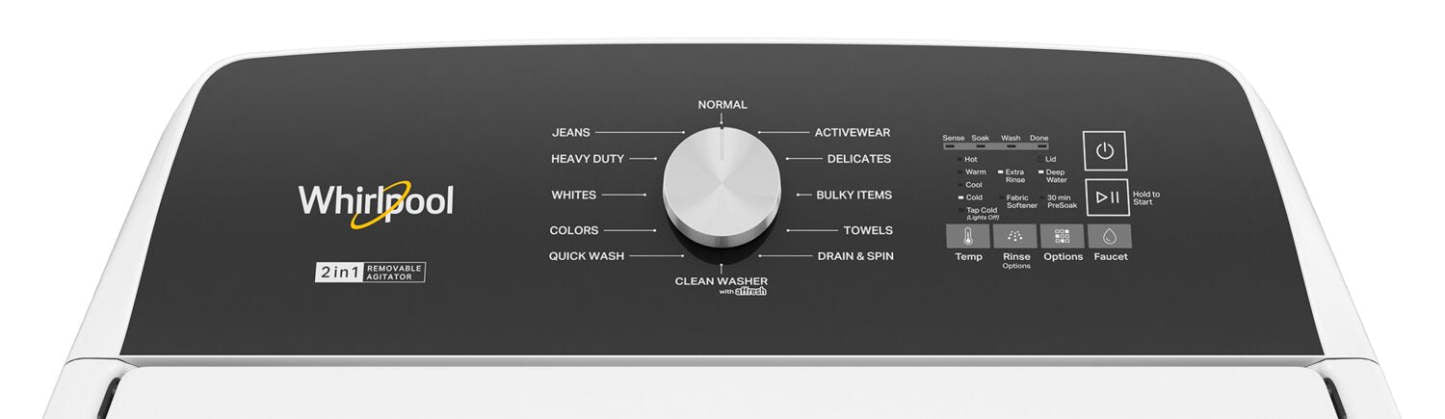 Whirlpool 5,4 - 5,5 pi³ Laveuse à chargement par le haut et 7 pi³ Sécheuse électrique avec vapeur | Laveuse à chargement par le haut 5,4 pi³/5,5 pi³ et sécheuse électrique 7 pi³ Whirpool avec vapeur | WHTL505W