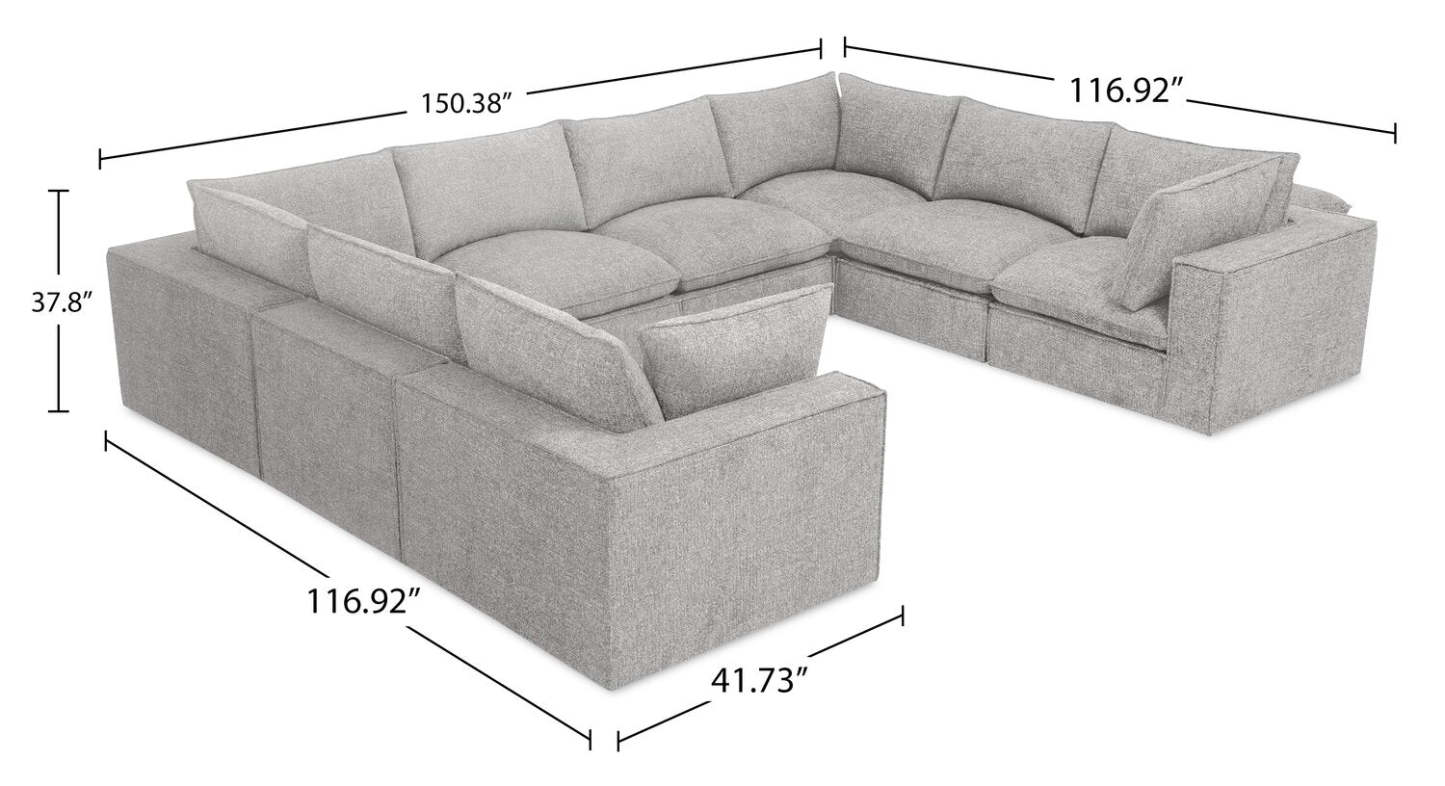 Fusion Modular 8-Piece Silver Grey Chenille Fabric Sectional with Removable Feather Down Back Cushions | Canapé sectionnel modulaire Fusion 8 pièces en tissu de chenille gris argenté avec coussins de dossier amovibles en duvet et plumes