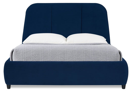 Lit plateforme rembourré Mave en tissu de velours bleu - format grand lit | Mave Upholstered Platform Bed in Blue Velvet Fabric - Queen Size