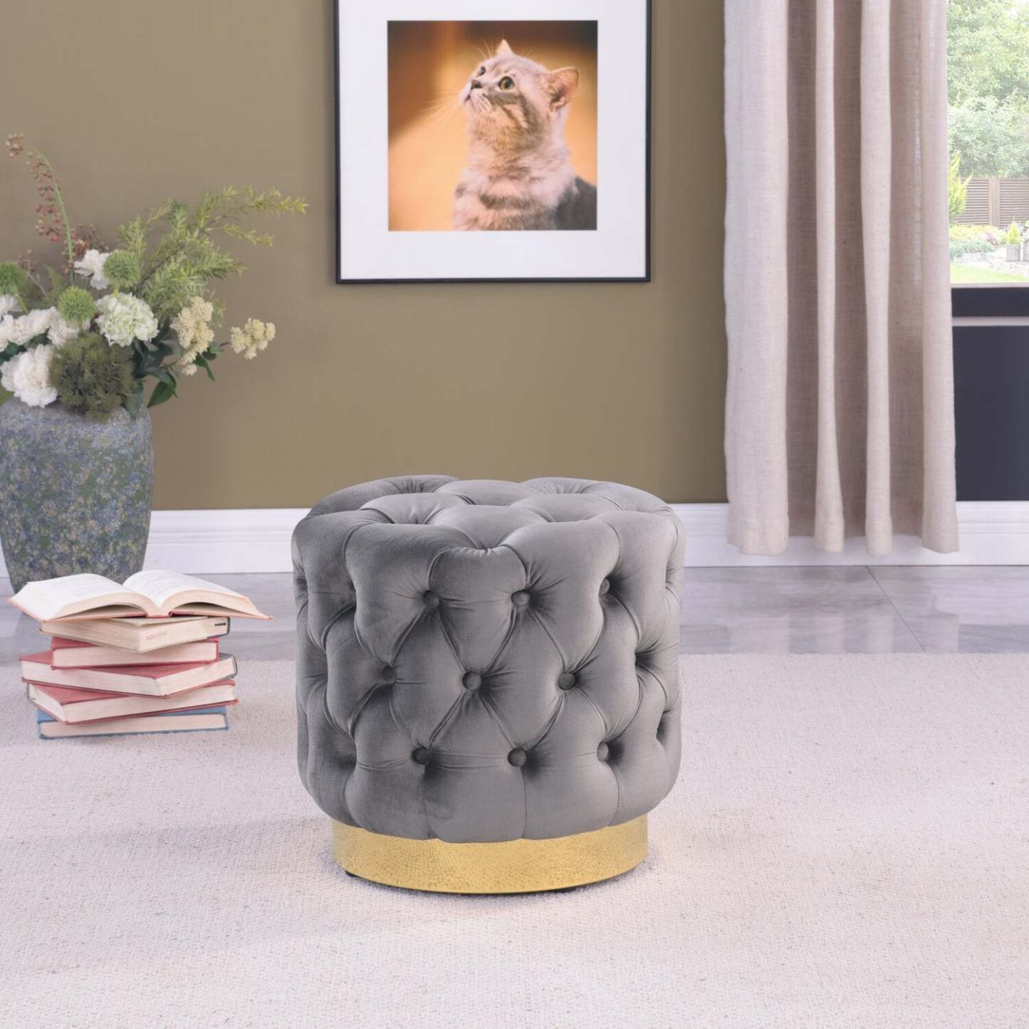 Pouf rond Adell de 17 po en tissu avec base dorée - gris