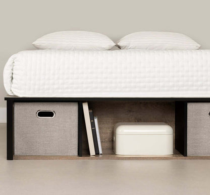 Lit plateforme Everley avec rangement et paniers intégrés, bicolore - Pleine grandeur | Lit plateforme Everley avec rangement et paniers intégrés, deux couleurs - format lit double