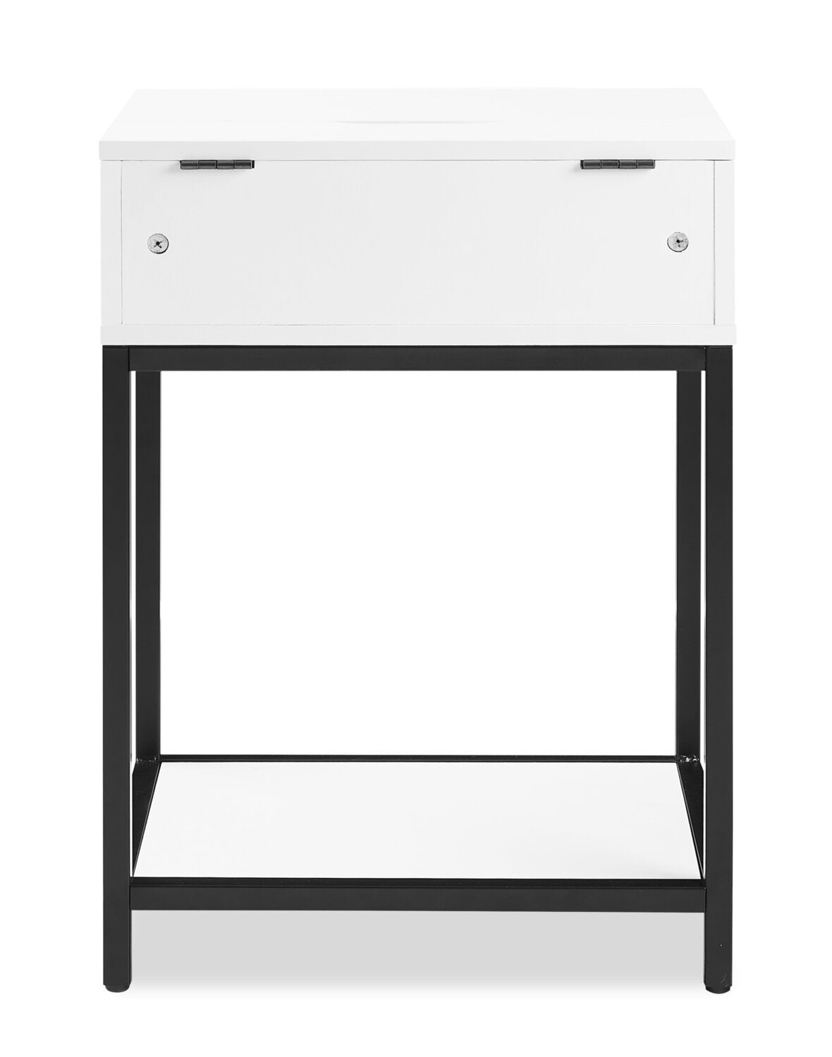 Table de nuit Akio à 1 tiroir avec rangement relevable, 18 L x 25,75 H - Blanc/Noir | Table de nuit Akio de 18 po (l) x 25,75 po (H) à 1 tiroir avec dessus relevable et rangement - blanche et noire