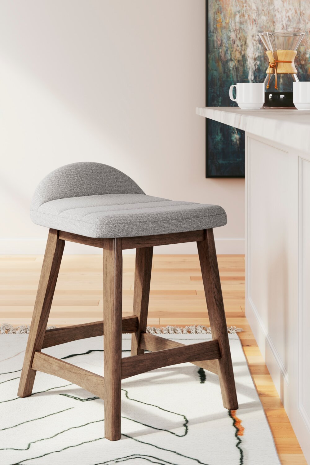 Tabouret à hauteur de comptoir Jovi avec tissu d'apparence lin, bois - gris | Tabouret Jovi de hauteur comptoir en tissu d'apparence lin et en bois - gris