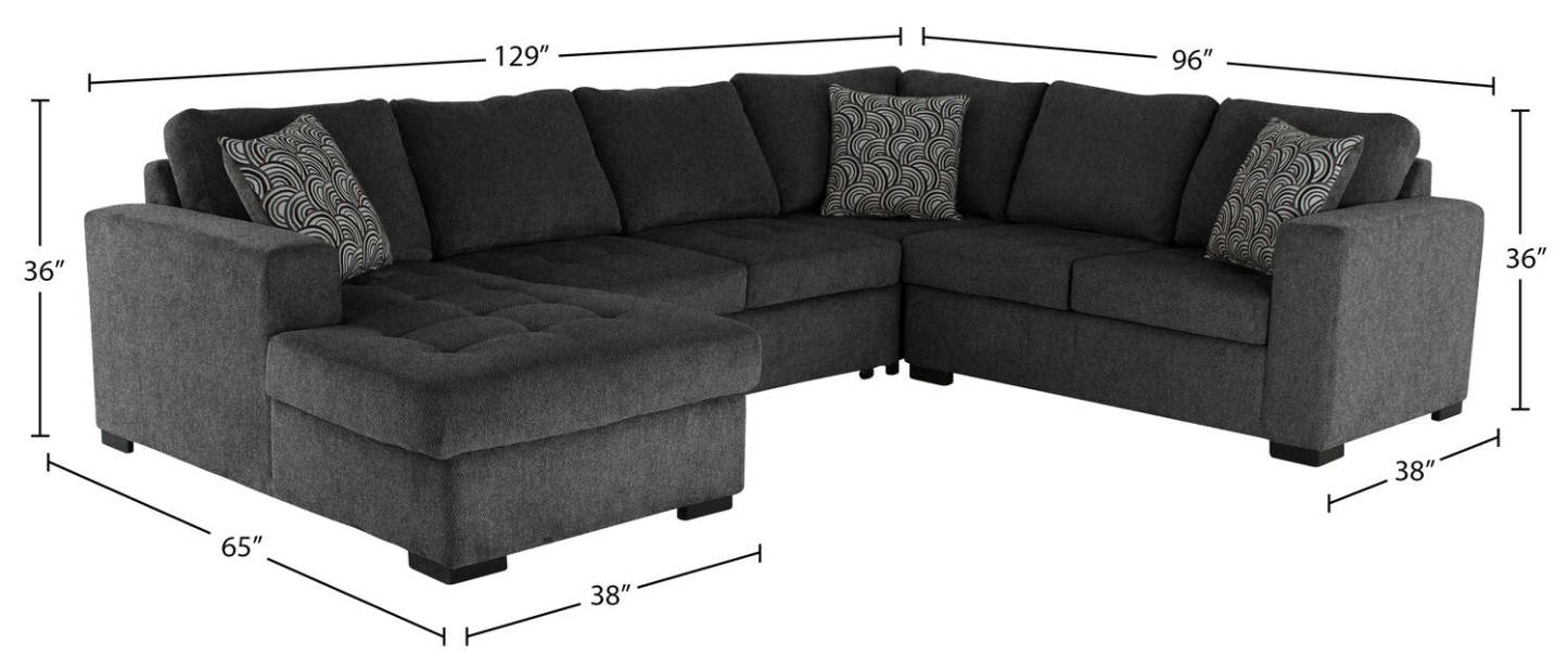 Fabriqué au Canada, sectionnel convertible Legend 4 pièces en tissu chenille avec chaise longue de rangement - gris poivre