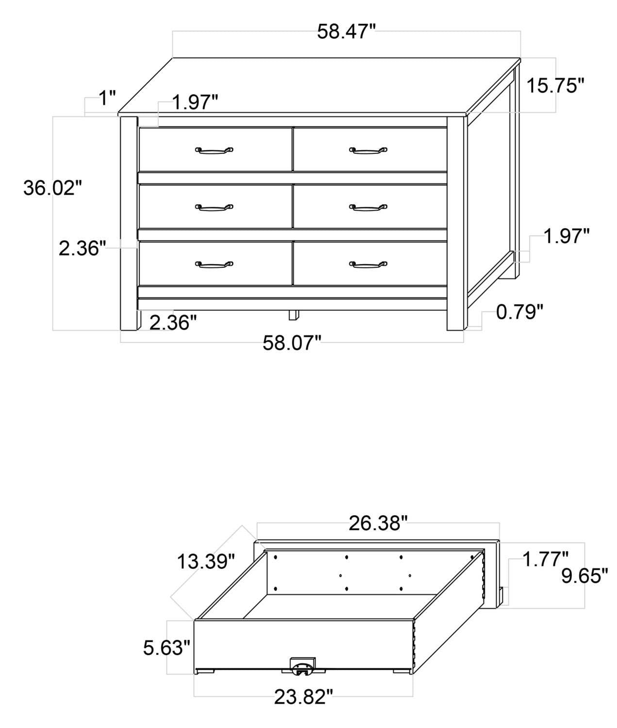 Zoey Bedroom 6-Drawer Dresser, 58.3W x 37.1H - Two-tone White & Brown | Commode Zoey de 58,3 po (L) x 37,1 po (H) à 6 tiroirs pour la chambre à coucher - deux teintes, blanc et brun